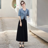 新中式盘扣牛仔外套+针织吊带裙女2024夏季新款休闲时尚两件套
