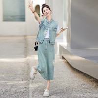 现货新中式刺绣印花盘扣牛仔套裙女2024夏季新款休闲时尚三件套