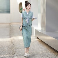 现货新中式刺绣印花盘扣牛仔套裙女2024夏季新款休闲时尚三件套