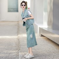 现货新中式刺绣印花盘扣牛仔套裙女2024夏季新款休闲时尚三件套