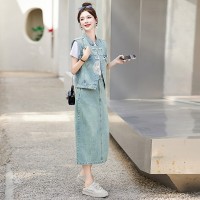 现货新中式刺绣印花盘扣牛仔套裙女2024夏季新款休闲时尚三件套