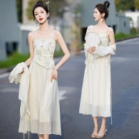 2024夏季新款百搭防晒长袖吊带两件套连衣裙套装裙女装