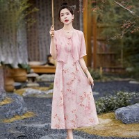 新中式女装2024夏款盘扣开衫外搭碎花吊带气质优雅连衣裙两件套