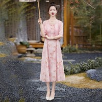 新中式女装2024夏款盘扣开衫外搭碎花吊带气质优雅连衣裙两件套