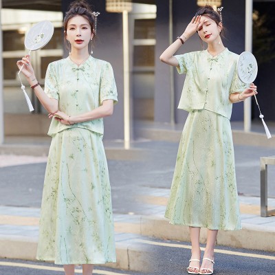 <!--现货2024夏季新款竹子叶提花缎松紧腰真口袋新中式套装两件套裙-->