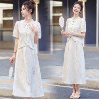 现货2024夏季新款竹子叶提花缎松紧腰真口袋新中式套装两件套裙