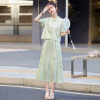 现货2024夏季新款竹子叶提花缎松紧腰真口袋新中式套装两件套裙