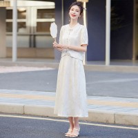 现货2024夏季新款竹子叶提花缎松紧腰真口袋新中式套装两件套裙