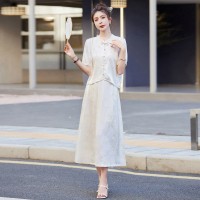 现货2024夏季新款竹子叶提花缎松紧腰真口袋新中式套装两件套裙