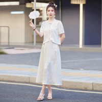 现货2024夏季新款竹子叶提花缎松紧腰真口袋新中式套装两件套裙