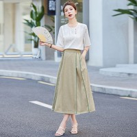 现货紫色马面裙套装圆领提花缎百搭T短袖松紧腰盘扣两件套裙