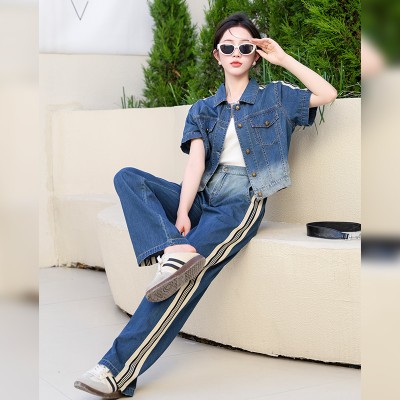 <!--港风天丝牛仔阔腿裤套装女装2024新款夏季时尚洋气减龄裤子两件套-->