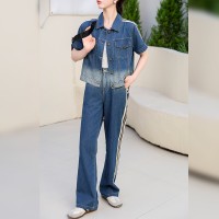 港风天丝牛仔阔腿裤套装女装2024新款夏季时尚洋气减龄裤子两件套