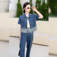 港风天丝牛仔阔腿裤套装女装2024新款夏季时尚洋气减龄裤子两件套