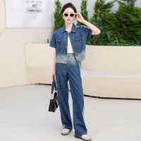港风天丝牛仔阔腿裤套装女装2024新款夏季时尚洋气减龄裤子两件套