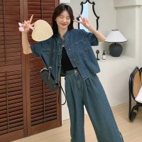 现货依可萱牛仔套装夏季短袖牛仔裤两件套Y