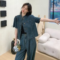 现货依可萱牛仔套装夏季短袖牛仔裤两件套Y