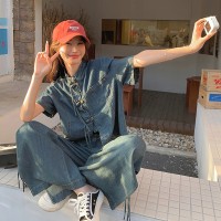 现货依可萱牛仔套装夏季短袖牛仔裤两件套Y