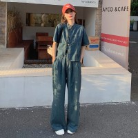 现货依可萱牛仔套装夏季短袖牛仔裤两件套Y
