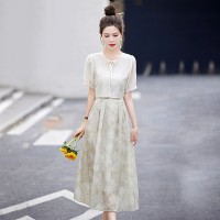 现货2024夏装盘扣短袖套装连衣裙印花女夏季新中式吊带裙两件套