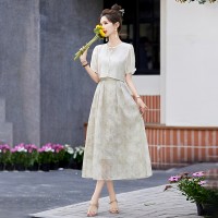 现货2024夏装盘扣短袖套装连衣裙印花女夏季新中式吊带裙两件套