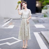 现货2024夏装盘扣短袖套装连衣裙印花女夏季新中式吊带裙两件套
