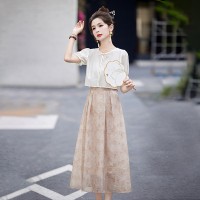 现货2024夏装盘扣短袖套装连衣裙印花女夏季新中式吊带裙两件套