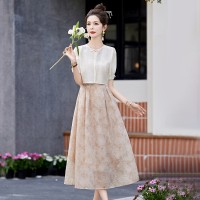 现货2024夏装盘扣短袖套装连衣裙印花女夏季新中式吊带裙两件套