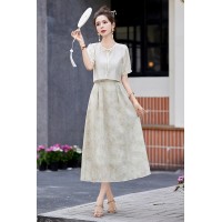 现货2024夏装盘扣短袖套装连衣裙印花女夏季新中式吊带裙两件套