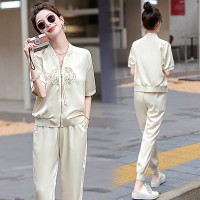 新款现货~~~2024夏季气质新中式两件套缎面冰凉小脚裤女式套装