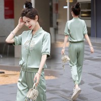 新款现货~~~2024夏季气质新中式两件套缎面冰凉小脚裤女式套装