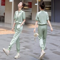 新款现货~~~2024夏季气质新中式两件套缎面冰凉小脚裤女式套装