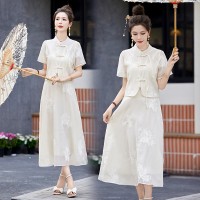 2024年现货夏季时尚新中式两件套绣花复古盘扣套装裙