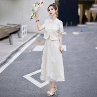 2024年现货夏季时尚新中式两件套绣花复古盘扣套装裙