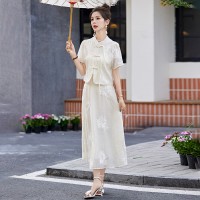 2024年现货夏季时尚新中式两件套绣花复古盘扣套装裙