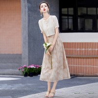 现货2024夏装盘扣短袖套装连衣裙印花女夏季新中式吊带裙两件套