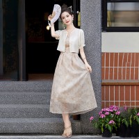现货2024夏装盘扣短袖套装连衣裙印花女夏季新中式吊带裙两件套