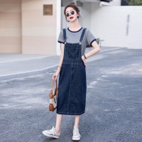 牛仔背带裙套装女春秋2024新款小个子设计感减龄洋气两件套连衣裙
