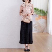 妈妈夏装短袖雪纺小衫时尚2024新款洋气上衣中式套装中老年t恤女