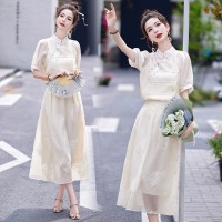 现货2024女时尚新款女装新中式夏季重工刺绣上衣＋半身裙