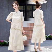 现货2024女时尚新款女装新中式夏季重工刺绣上衣＋半身裙