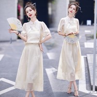 现货2024女时尚新款女装新中式夏季重工刺绣上衣＋半身裙