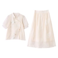 现货2024女时尚新款女装新中式夏季重工刺绣上衣＋半身裙