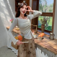 优雅气质侧排扣上衣+印花半身裙061