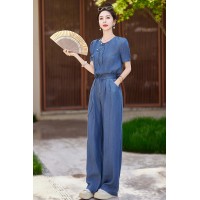 《48H发》优雅时尚天丝牛仔新中式运动休闲运动两件套套装