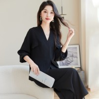 黑色高级感套装女今年流行干练气质衬衫阔腿裤夏装搭配一整套时尚