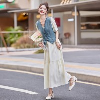 现货牛仔套装女2024夏装休闲时尚炸街网红连衣裙裤两件套