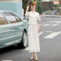现货2024年夏季时尚显瘦新中式两件套绣花网纱套装裙