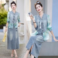 现货2024新款女新中式牛仔套装两件套夏装法式复古收腰夏季