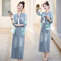 现货2024新款女新中式牛仔套装两件套夏装法式复古收腰夏季